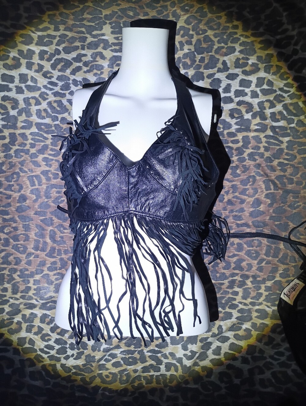 Vintage Diamond Leathers Black Fringe Halter Top